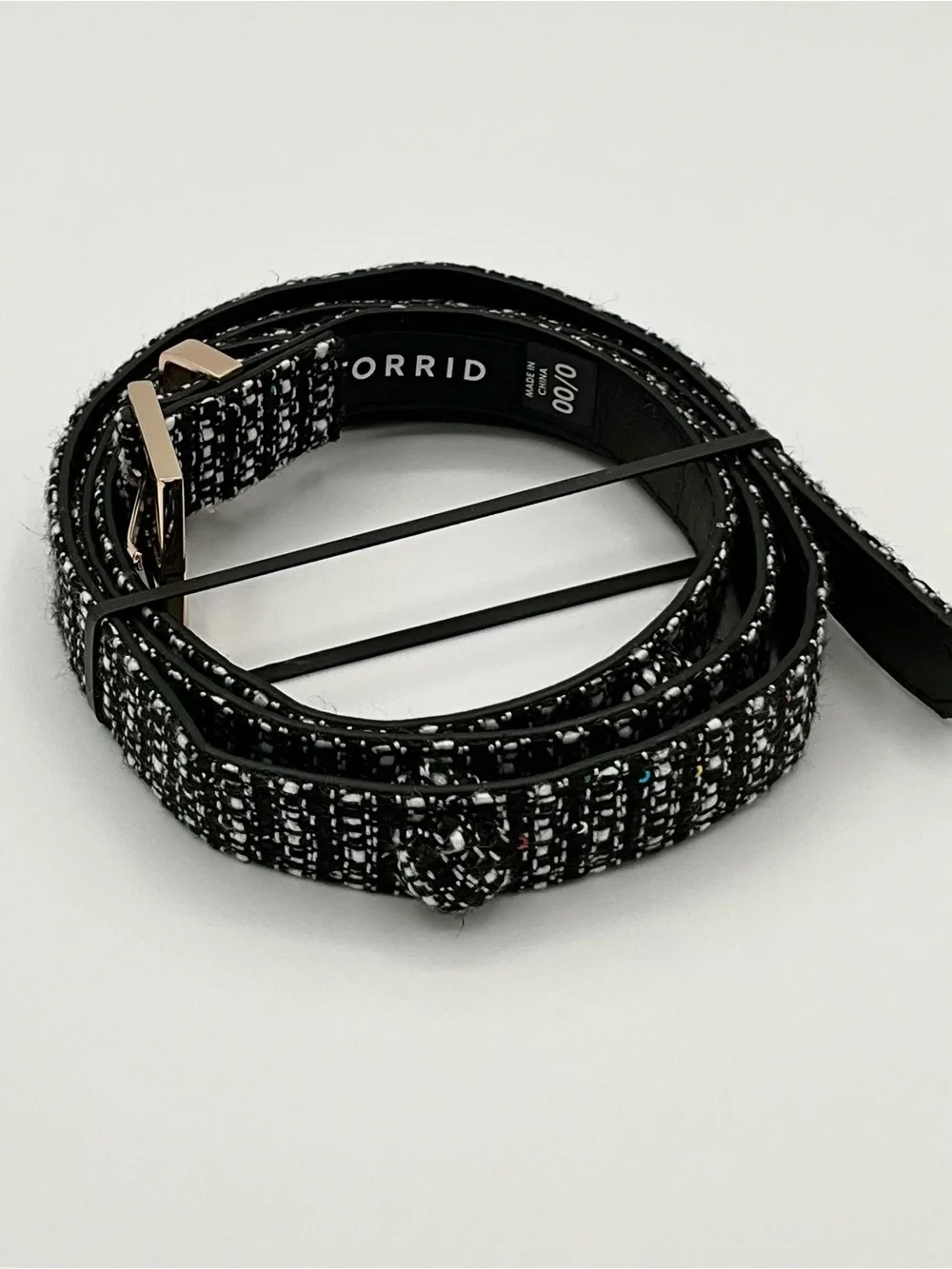 LIKE NEW Torrid Narrow Waist Belt Tweed Cloth B&W Gold Hardware Size 0/00